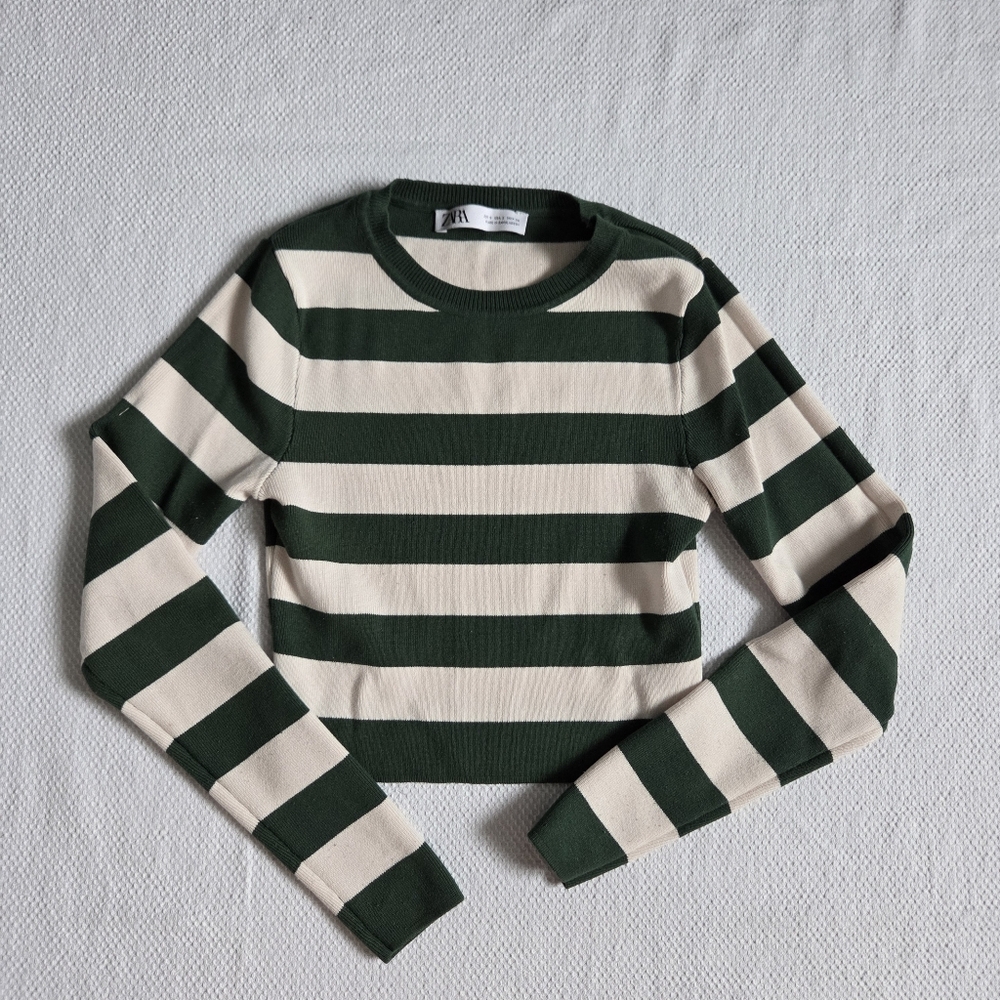 Zara Green and Cream Striped Long Sleeve Top - Picture 2 of 4